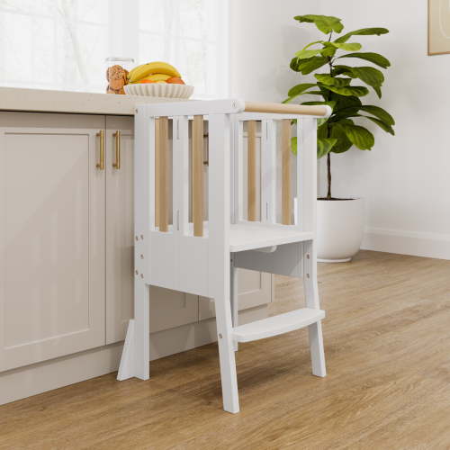 Storkcraft Toddler Montessori Foldable Step Stool, White with Driftwood