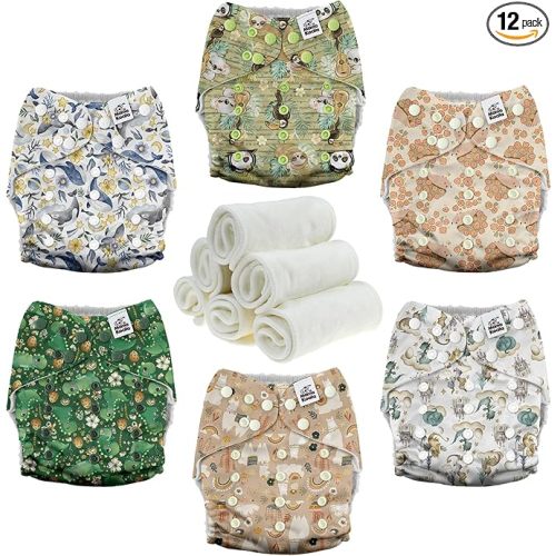 Mama Koala 3.0 Pocket Cloth Diapers for Babies with AWJ Lining, 6 Pack with 6 4-Layer Natural Cloth Diaper Inserts - Reusable and Washable Pocket Diapers (Animal Legends)