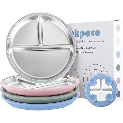 Stainless Steel Suction Plates for Toddlers, 9" Divided Kids Baby Plates with Removable Silicone Suction, Non Toxic Non Slip Portion Control Snack Dishes 4 Packs, Blue Green Gray Pink