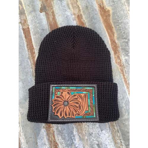The Daisy Handtooled Leather Patch Beanie, Fitted in Turquoise and Southwest Border