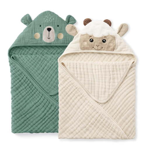 Arlajo ARLAJO Muslin Baby Hooded Towel 2 Pack,Soft & Absorbent Bath Towel for Infant,Toddler,Unisex,Baby Gift,Newborn Essentials,Bear & Lamb