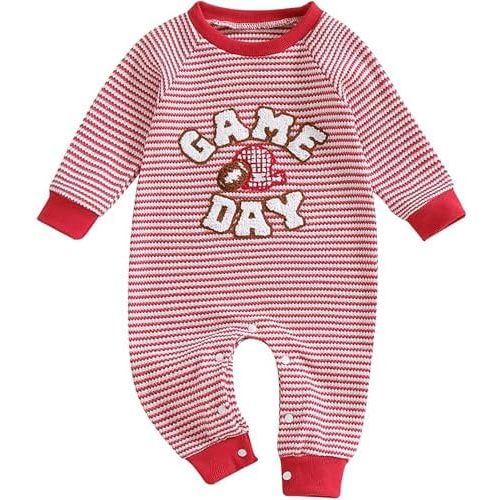 Newborn Baby Girl Boy Romper Waffle Game Day Embroidery Long Sleeve Stripe Bodysuit Infant Fall Winter Clothes