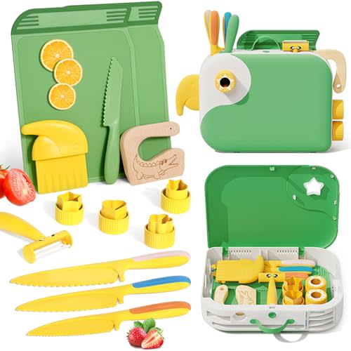 Lullulii Montessori Kitchen Tools for Toddlers,Kids Knife for Real Cooking,Toddlers Knife Set with Storage Box Kids Safe Knives Children Cutting Set for Girl Boy,Montessori Toys for Kitchen Set -Green