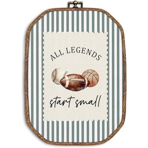 ZIKZAUDOU Vintage Sports Nursery Octagon Wall Art Framed, Football Baseball Basketball Canvas Prints Wall Decor, All Legends Start Small Hanging Decor for Kids Boys Room Nursery Playroom, 10.2x7 Inch