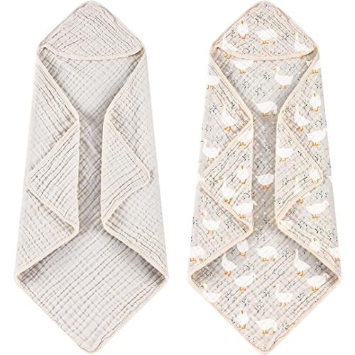 Hahafelt 2 Pcs Goose Baby Hooded Towels for Newborn 100% Muslin Cotton Baby Bath Towel with Hood for Babies Infant Toddler and Kids Large 32x32inch Soft Absorbent Kids Essential Gift