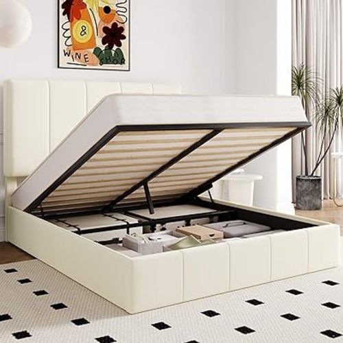 Allewie Queen Size Velvet Lift Up Storage Bed Frame, Vertical Channel Tufted Headboard, Hydrualic Underneath Storage, Upholstered Platform Bed, Wooden Slats Support, No Box Spring Needed, Cream