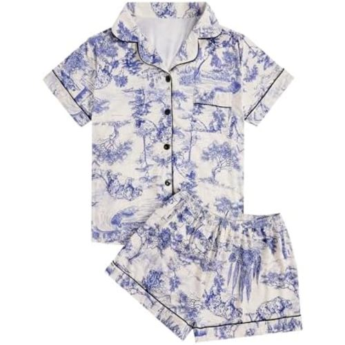 Floerns Women's Floral Pajamas Notch Collar Print Sleepwear Two Piece Pajama Set