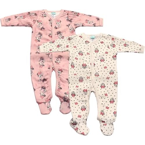 Magic Threadz Disney Clothes Baby Girls 2-Pack Quilted Footie Coveralls - Minnie Mouse and Princess Bodysuits (0/3M-6/9M)