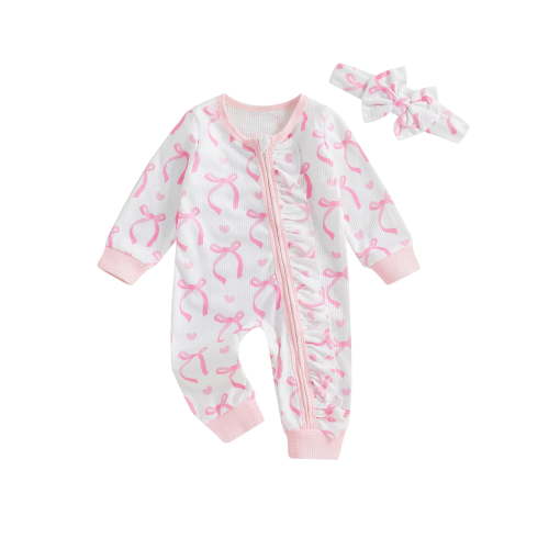 Suealasg Newborn Girl Waffle Romper Bow Print Long Sleeve Crew Neck Ruffled Zipper Jumpsuit +Headband Baby Girl Fall Clothes 0-12 Months