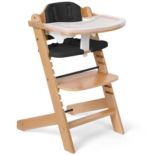 Cowiewie Wooden High Chair, 3 Trays, Adjustable Height, Black Cushion, Toddler Feeding Seat