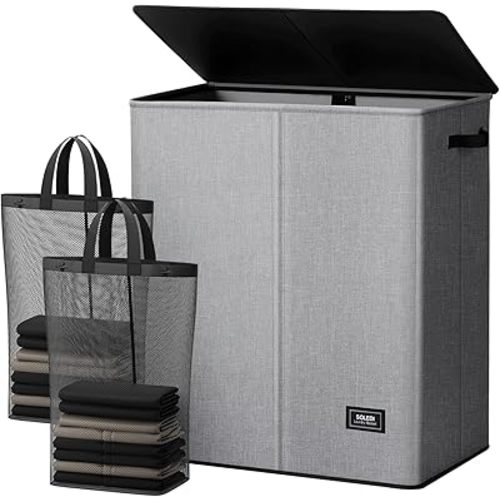 SOLEDI Double Laundry Basket with Lid and Removable bag, Large Laundry Hamper 2 Section with handles, Collapsible Dirty Clothes Hampers for Laundry, Bedroom, Dorm, College