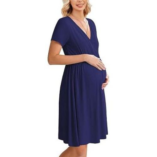 Ekouaer Women 3 in 1 Labor and Delivery Gown Split Front Flap Maternity Hospital Dress Nursing Nightgown for Breastfeeding&nbsp;Navy Blue&nbsp;M