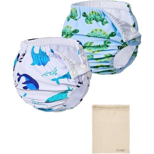 Durio 2PCS Reusable Swim Diapers - Baby Swim Diapers Adjustable Washable Newborn Infant Diaper Soft Water Diaper for Swimming Lessons with a Mesh Bag 3-6M