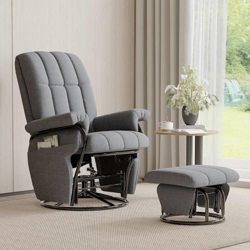 JIASTING 360° Swivel Recliner Chair with Ottoman & Double Side Pockets, Nursing Glider Rocking Recliner Chair, Gliding Chairs for Nursery, Living Room, Bedroom, Office, Metal Frame (Grey)