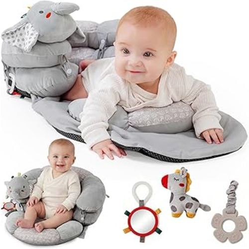 2-in-1 Tummy Time Mat & Baby Lounger Pillow - Seat Support for Baby Play Mat for Babies 0-6 Months, Infant Lounger Activity Center with Newborn Toys, Floor Pillows Sit Me Up (Elephant)