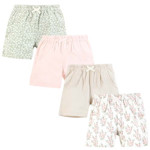Hudson Baby Infant Girls Shorts Bottoms 4-Pack, Pink Sage Floral, 0-3 Months