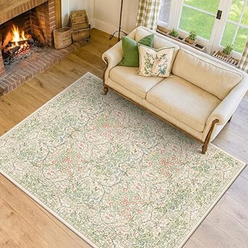 Light Green Bedroom Rug 5x7 Area Rug for Living Room, Vintage Washable Floral Floor Mat for Nursery, Dining Room Low Pile Non Slip Stain Resistance Distressed Retro Indoor (5x7 Beige Green)