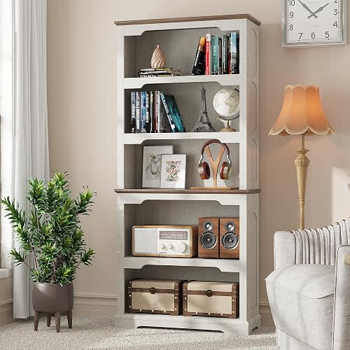 70”Tall White Bookcase Bookshelf, 5-Tier Farmhouse Bookcase Shelves
