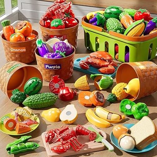 Play Food Set for Kids, Toddler Learning Toys, Cutting Food Toy Color Sorting Set, Pretend Food Play Kitchen Accessories for Kids, Birthday Gifts for 3-8 Years old Boys Girls Educational Toys