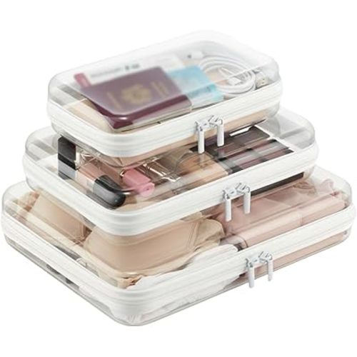 Clear Hard Shell Zipper Case Set - 3 Sizes Portable Plastic Organizer for Travel, Cables, Chargers, Toiletry, Cosmetics, Accessories, Office or Home Use (White, LMS)