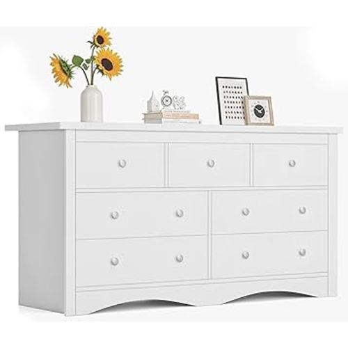 Furmax Dresser for Bedroom, 7 Wood Dresser, Chest of Drawers, for TV up to 65 inch, TV Stand Storage Chest of Drawers for Hallway Entryway (White)