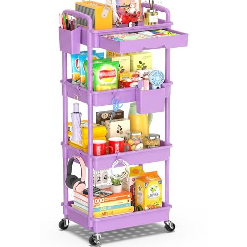 SUNALLY 4 Tier Rolling Cart Organizer with Drawer, Bathroom Storage Carts with Wheels & Plastic Shelf, Mobile Storage Organizers for Kitchen, Office, Laundry Room, Baby, Snack, Craft, Makeup, Purple