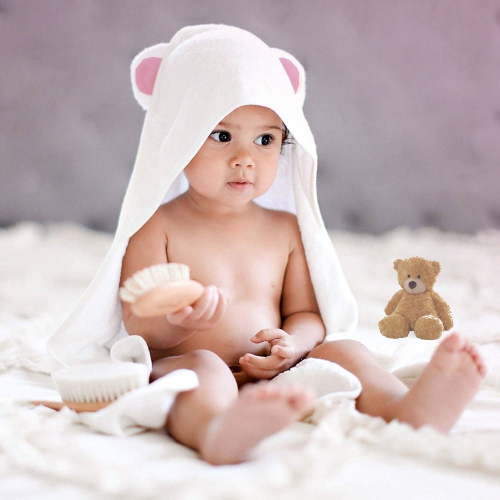 Baby Hooded Towel Large Bamboo Towel for Infant New Born - Pink Bear Ears, Large
