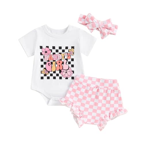 Newborn Baby Girl Summer Outfit Daddy Mama Girl Short Sleeve Romper Checkerboard Shorts Headband 3Pcs Clothes Set