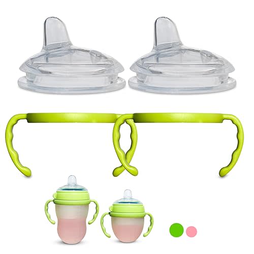 Sippy Spout Nipples with Bottle Handles for Comotomo Baby Bottles 2-Pack Soft Food Grade Silicone Spout, Transition Nipples, Converts Baby Bottle to Sippy Cup, Spill Proof, BPA-Free, 4+ months (Green)