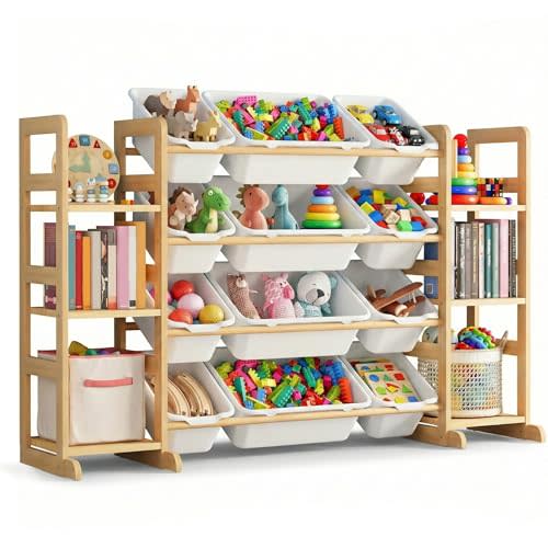 KiddoCood Kids Toy Storage Organizer with 12 Bins, 100% Solid Wood - Natural Finish Montessori Toy Organizer, BPA Free, CPC-Certified Playroom Organization for Living Room & Nursery, 52.3"