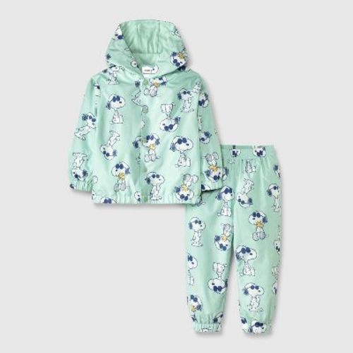 Baby Boys' Peanuts Snoopy Rain Windbreaker Jacket and Pant Set - Green 12M