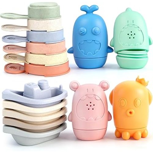 Baby Bath Toys for Kids Ages 1-3, 15 PCS Mold Free Bath Toys for Toddlers 2-4 Bathtub Water Table Pool Toys, Silicone Bath Toy and Bath Boats Spoons, Christmas Stocking Stuffers for Babies & Toddlers