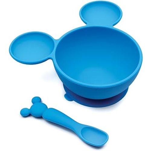 Bumkins Baby Bowls, Disney Mickey Mouse Silicone Baby Feeding Set, Suction Bowls for Baby and Toddler with Spoon, First Feeding Set, Platinum Silicone Bowl for Babies 4 Months