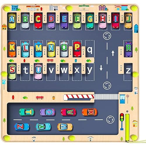 Magnetic Alphabet Maze Letter Puzzle Board, NOWRICH Montessori Toys for 2 3 4 5 Year Old Boy and Girl, Magnet Alphabet Learning Car Parking Maze Toys for Kids 3-5, Birthday Gifts for Toddler