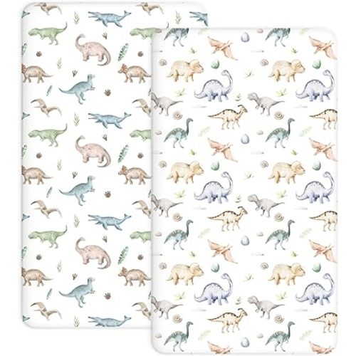 Crib Sheets for Boys and Girls, 2 Pack Fitted Baby Sheets for Standard Toddler Mattress 28" x 52", Soft Breathable Jersey Knit Baby Bedding (Dino Pals)