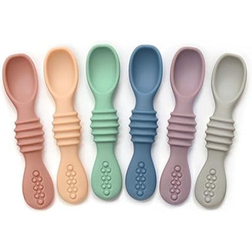 PrimaStella Silicone Chew Spoon Set for Babies and Toddlers - Safety Tested - BPA Free - Microwave, Dishwasher and Freezer Safe - Earth Shades