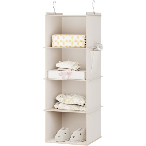 YOUDENOVA Hanging Closet Organizer and Storage for Clothes, 4-Shelf, Beige | Locker/RV/Camper Organizer, Side Pocket, Hanging Shelves for Small Closet, Dorm Room Essentials for Guys, Breathable Fabric