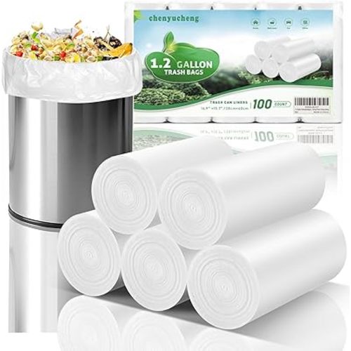 1.2 Gallon White Biodegradable Trash Bags - (Fit 1-1.3 Gallon) Mini Small Garbage Bag For Bathroom Can Compostable 100 Count 5 Liter Tiny Kitchen Waste Basket Liners Car Strong Thick Chenyucheng