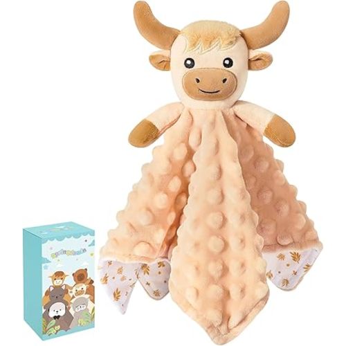 Loveys for Babies,Kawaii Highland Cow Baby Security Blanket for Newborn Infant Toddler Snuggle Toy Stuffed Animal,Lovey Highland Cow Security Blankets Baby Gifts Unisex Birthday,Beige 12in
