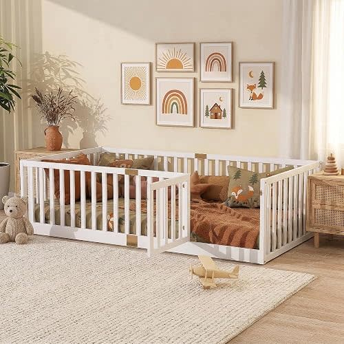 Twin Size Montessori Floor Bed with High Rails and Slats, Solid Wood Floor Bed Frame with Door,Twin Low Wooden Kids Beds with Guardrails for Boys Girls,No Box Spring Needed, White