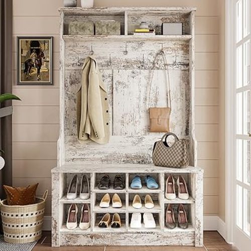 Itaar Hall Tree, Storage Bench, Shoe Rack for Entryway, Hall Tree with Bench and Adjustable Shoe Storage, Vintage White