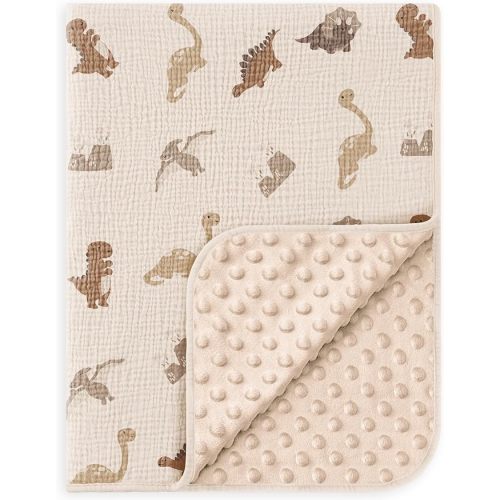 Susurration Baby Blanket for Unisex Boys Girls, Soft Nursery Minky Blanket with Muslin Cotton Front and Dotted Fleece Back, Receiving Blanket for Baby Newborn Infant, 30x40inch (Dinosaur)