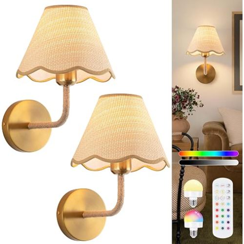 ADISUN Battery Operated Wall Sconce Set of 2, Gold Wall Lamps for Living Room, Rattan Shade, Dimmable, Wireless Wall Lights for Bedroom Living Room Hallway Kitchen(2 Bulbs Included)