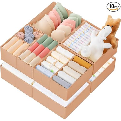 Criusia Drawer Organizer Clothes, 10 Pack Dresser Organizer for Baby Clothes, Underwear, Sock- Foldable Closet Organization and Storage Dividers Bins for Nursery, Bedroom (Brown)