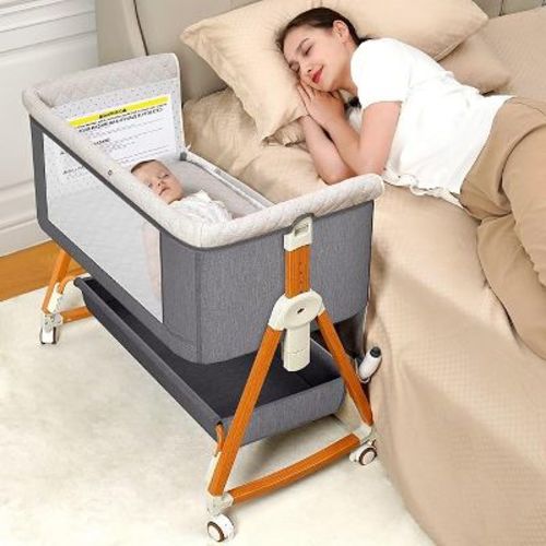 Kmaier Baby Bassinet 3 in 1 Foldable Portable Crib,6 Adjustable Height,with Wheels,Baby Bassinet Rocking-Grey