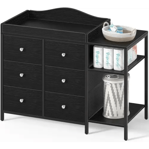 BOLUO Baby Dresser with Changing Table Top, Black Changing Table Dresser with 6 Fabric Drawers Diaper Changing Station with Storage Shelf for Nursery Modern