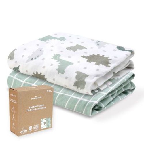 The Peanutshell Sage Dino, Windowpane Organic Cotton Bassinet Sheets for Baby Boys, 2 Pack