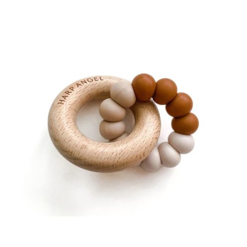 Silicone and Wood Teether Ring (Cappuccino Tan & Cream) - Harp Angel Boutique