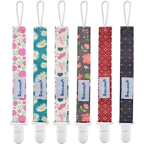 Smlpuame Pacifier Clip Girl,6 Pack Stylish Binky Clips Strap for Baby Girls,Paci Holder with Clip Lightweight Universal Fits Most Pacifiers Teether Toy Teething Ring Soothie,Baby Gifts(Flower)