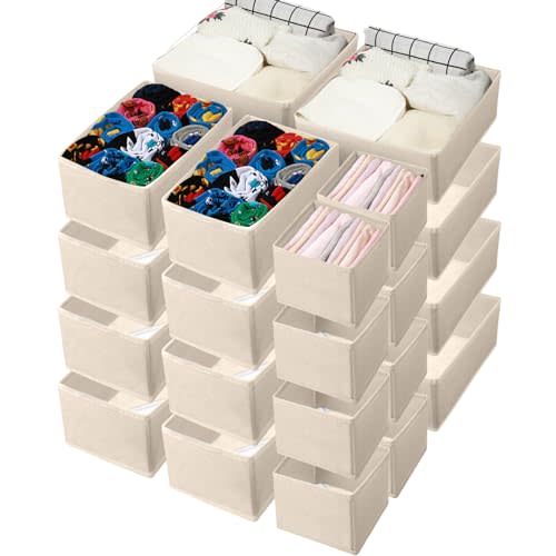 Potchen 24 Set Nursery Clothes Dresser Drawer Organizer Dividers, Fall Christmas Home Bins Fabric Foldable Closet Clothing Wardrobe Storage Box Container Basket for Bras Socks Underwear(Beige)